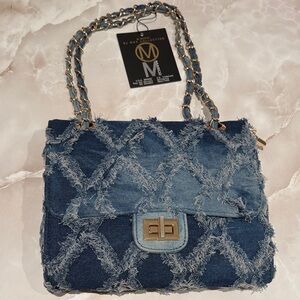 Denim Fringe Chain Shoulder Bag - Blue